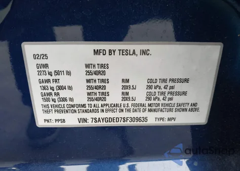 2025 Tesla Model Y Long Range Dual Motor Rear-Wheel Drive z USA, uszkodzony, nr VIN 7SAYGDED7SF309635